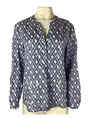 Zozo Sz M 100% Linen Diamond Print Beach Travel Vacation Popover Top Blue